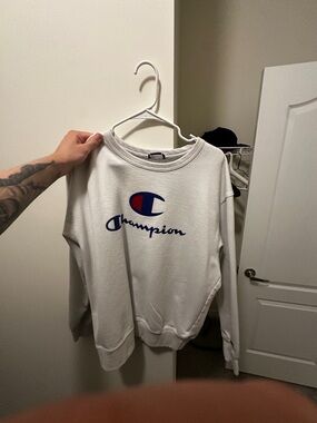 Champion White Logo Crewneck Sweatshirt